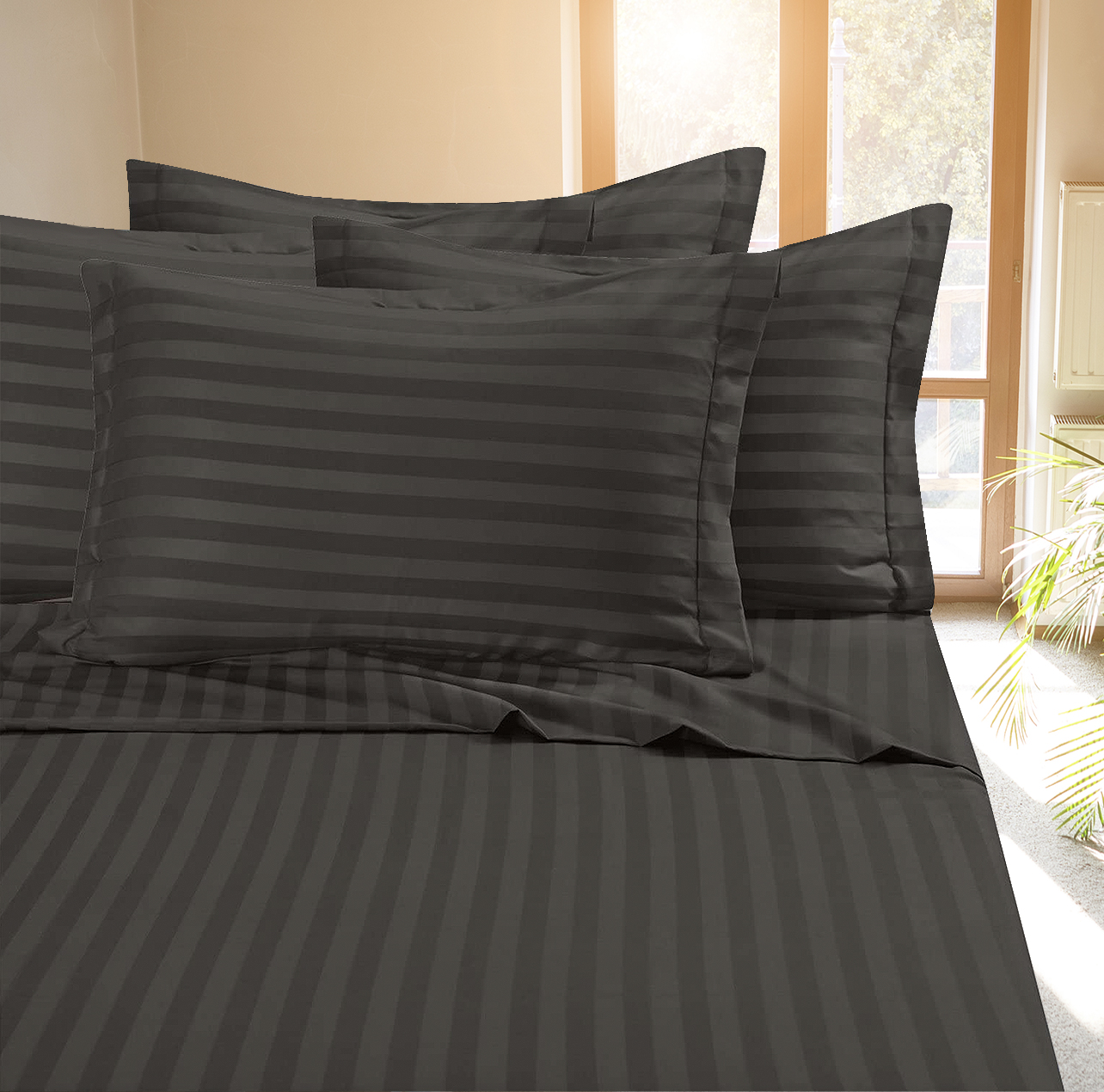 Deluxe Hotel 400 TC 100% Cotton, Luxury Dobby Stripe Bed Sheets Set, King, Silver, 4 Piece