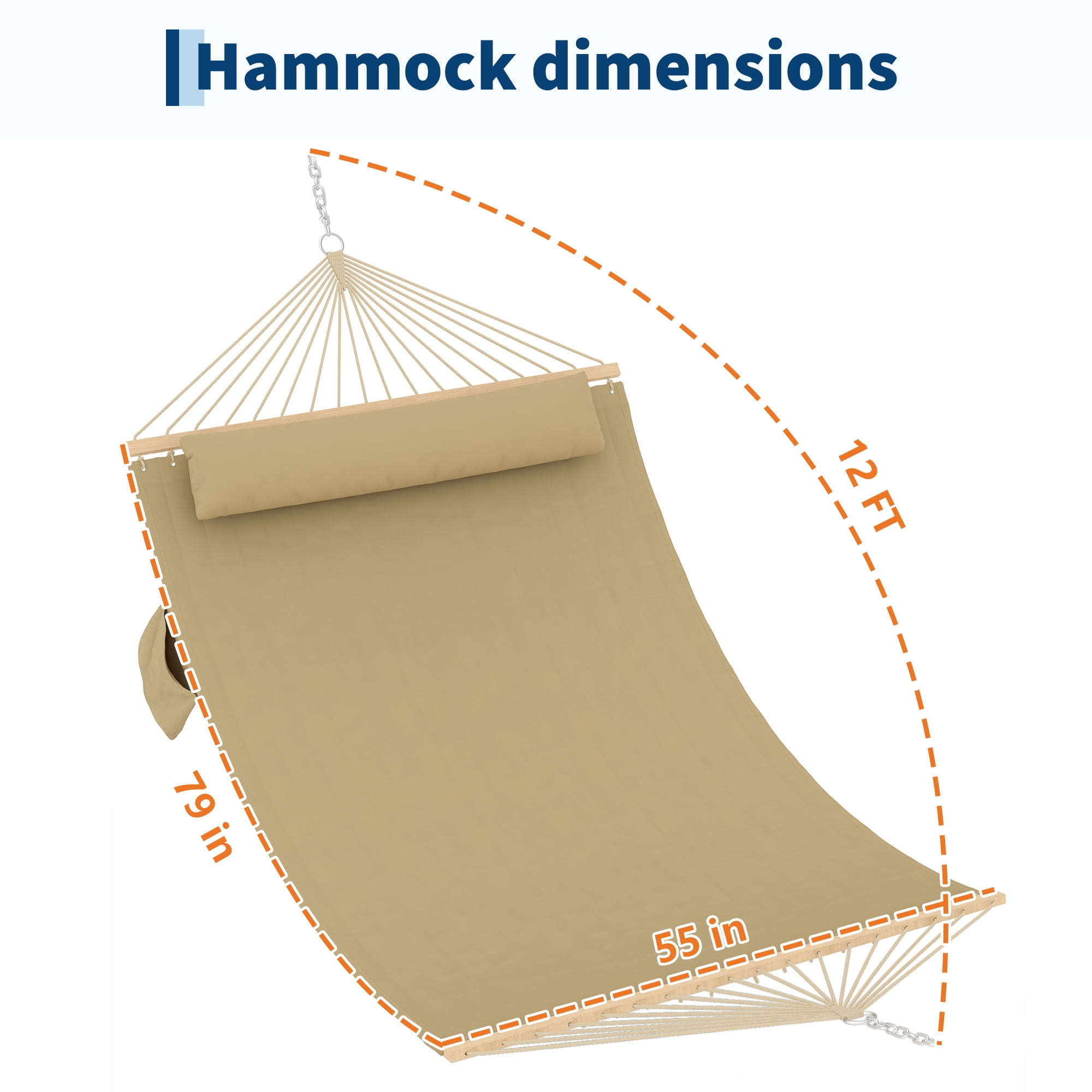 Kicctian Double Quilted Hammock for 2 Adults, Large Outdoor Patio Swing Bed with Hardwood Spreader Bars and Pillow, 450lbs Capacity, for Backyard or Poolside