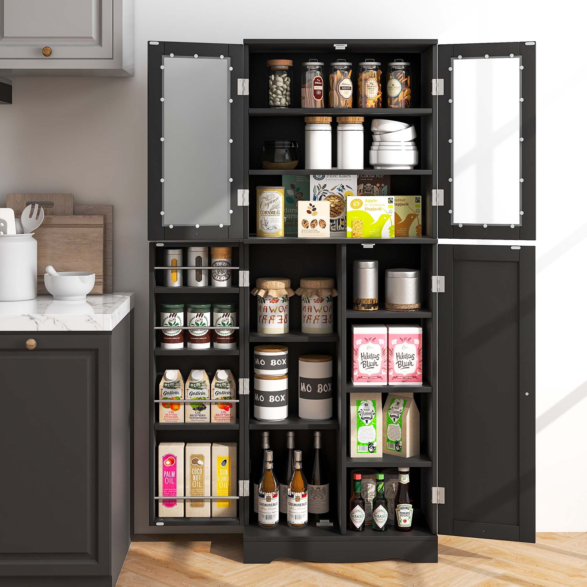Costway 63.5" Tall Kitchen Pantry Storage Cabinet with Glass Door Storage Shelves Black