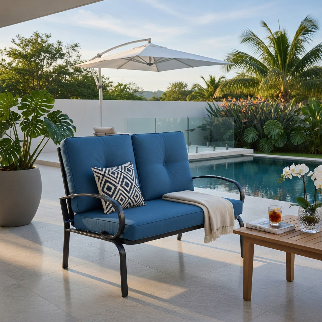 Hommoo 2-Piece Outdoor Patio Furniture Set, Cushioned Steel Loveseat & Coffee Table in Weather-Resistant, Easy-Clean Olefin Fabric, Navy