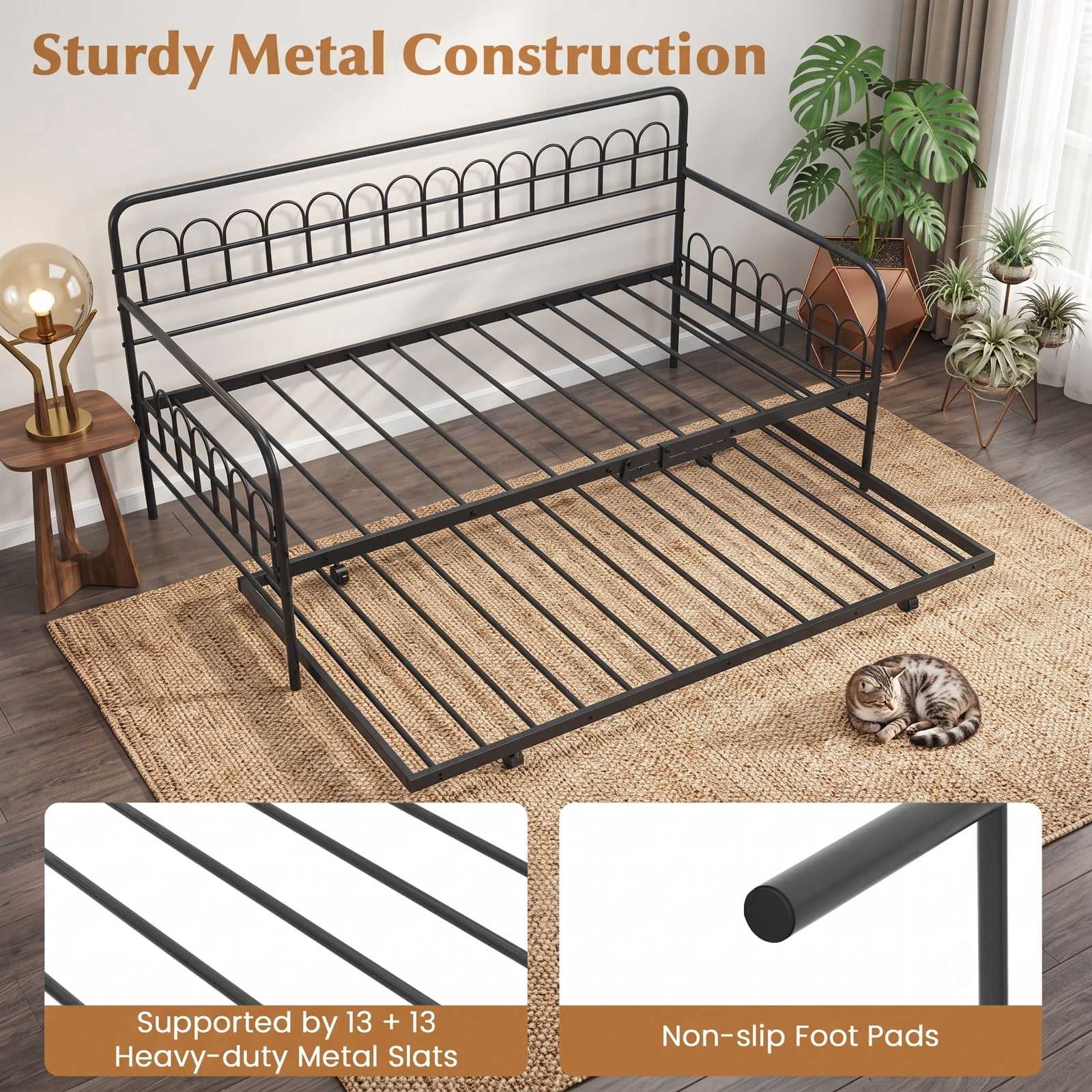 Furnibear Twin Metal Daybed with Pull-Out Trundle and Arched Rail Detailing on Lockable Casters for Bedroom and Guest Room, Black