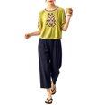 thumbnail image 5 of IUYRTFE Women's Embroidered Short Sleeve Top and Cropped Pants Set with Pockets Cotton Linen Blend Casual Two Piece Outfit, 5 of 7