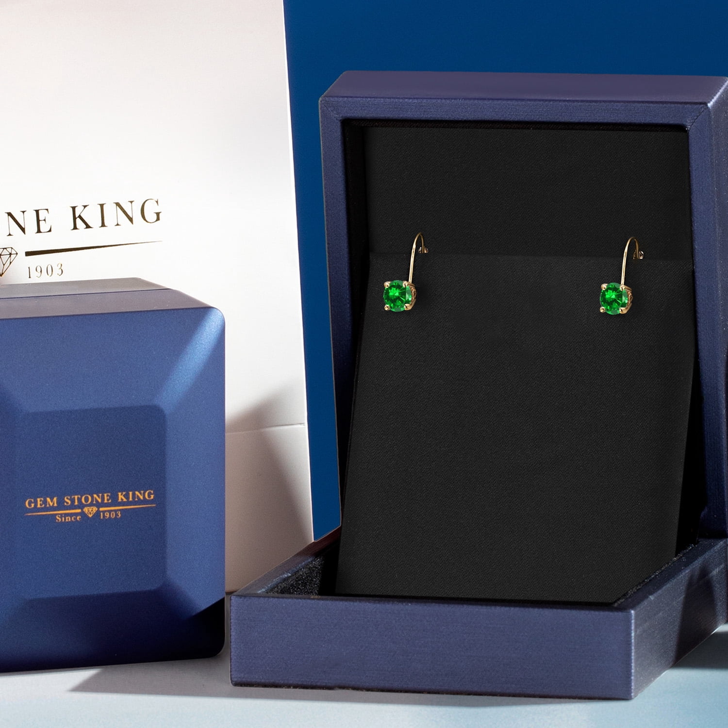Gem Stone King 14K Yellow Gold Green Created Emerald Dangle Earrings for Women | 2.00 Cttw | Gemstone May Birthstone | Round 6MM