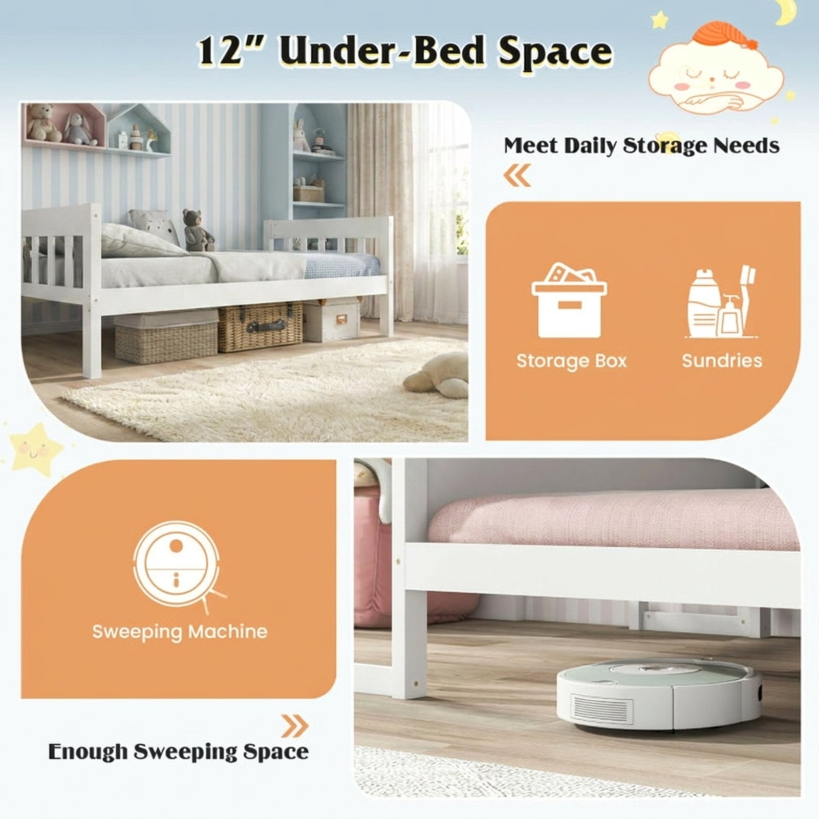Furnibear Twin Size Kids House Bed Frame with Roof Canopy Fence and Storage Desk for Kids Bedroom, White and Gray