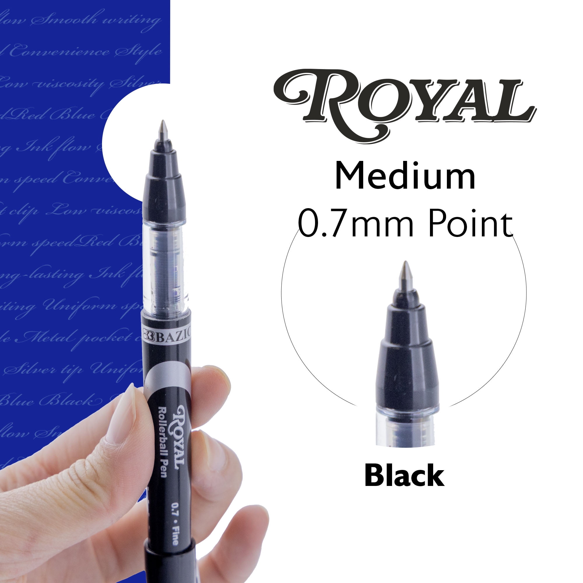 BAZIC Royal Black Color Rollerball Pen 0.7mm w/ Regulator,(3/Pack), 24-Pack