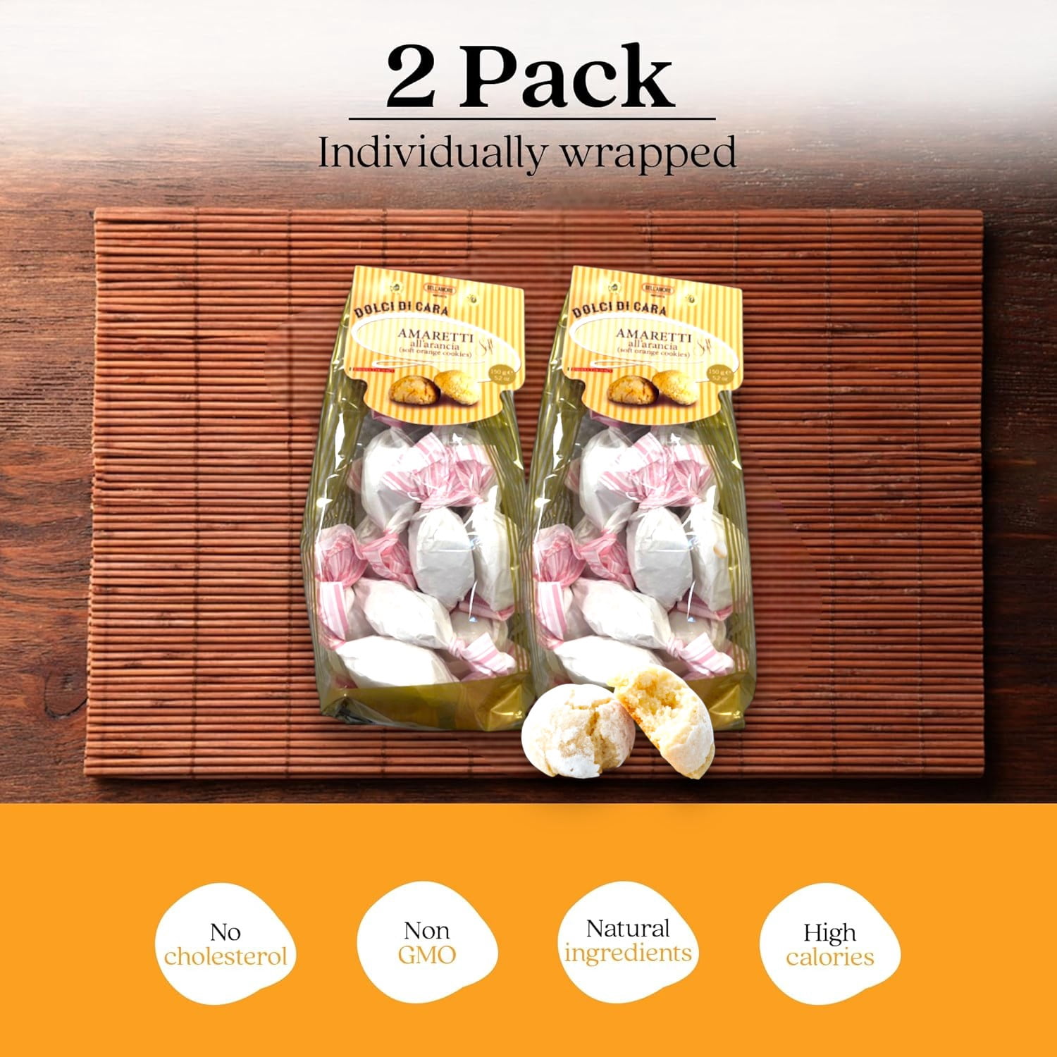Italian Amaretti Cookies, Soft Orange Cookies, 300g (2 x 150g bags), Made in Italy - Dolci Di Cara