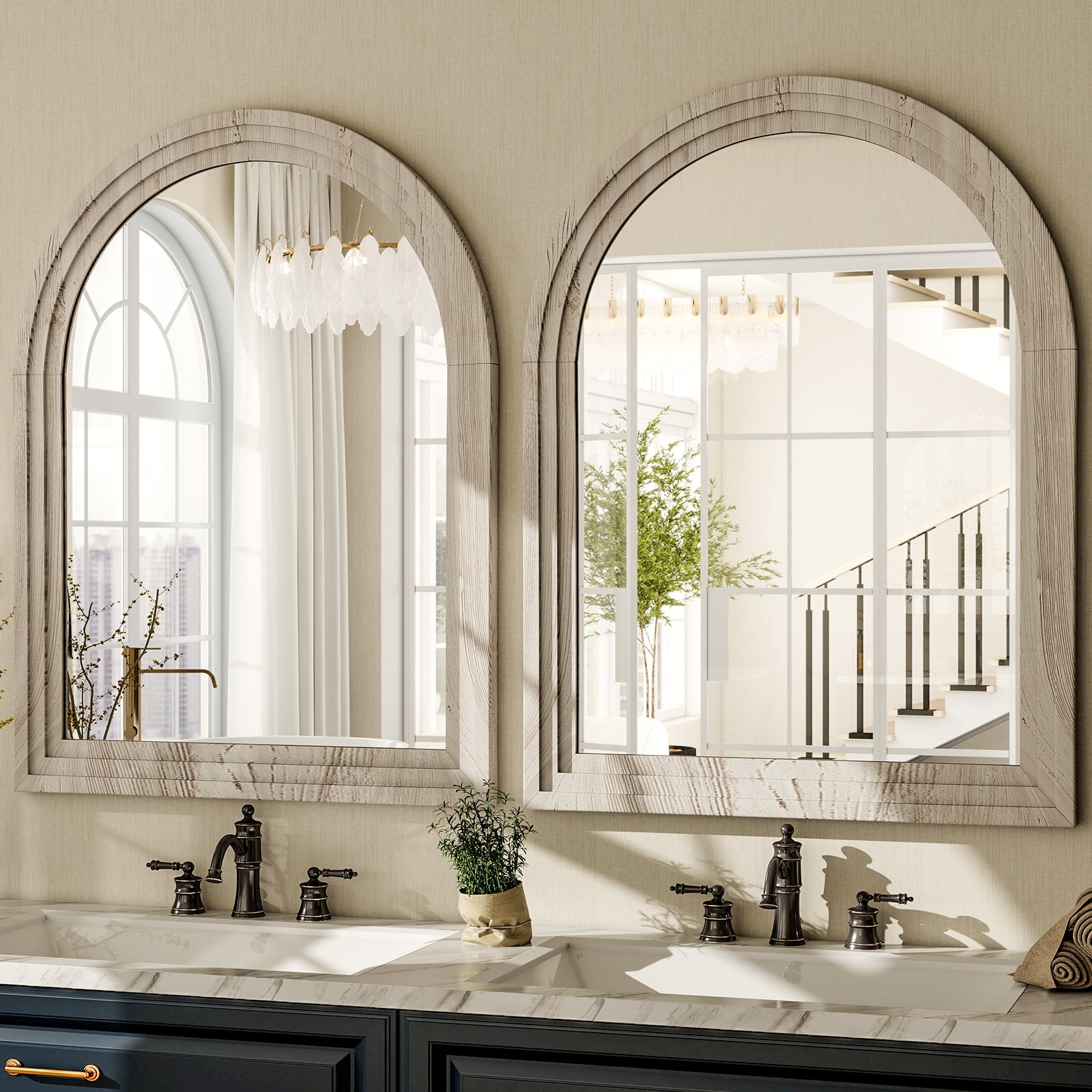 BEAUTYPEAK 30"x40"Arched Bathroom Mirror Wooden Framed Wall Mirror，White