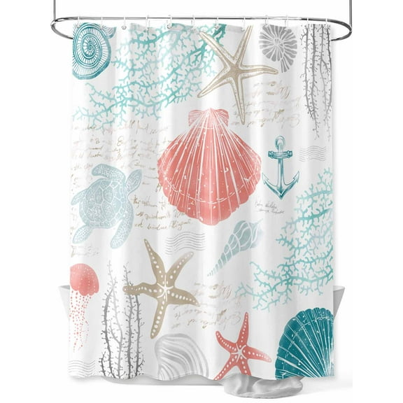 Fsddascl Teal Red Coastal Nautical Shower Curtain Set - 36" x 78" Bathtub Curtain with 12 Hooks, Beach Sea Turtle Ocean Coral Starfish Waterproof Fabric Stall Shower Curtains for Bathroom/Bathtub