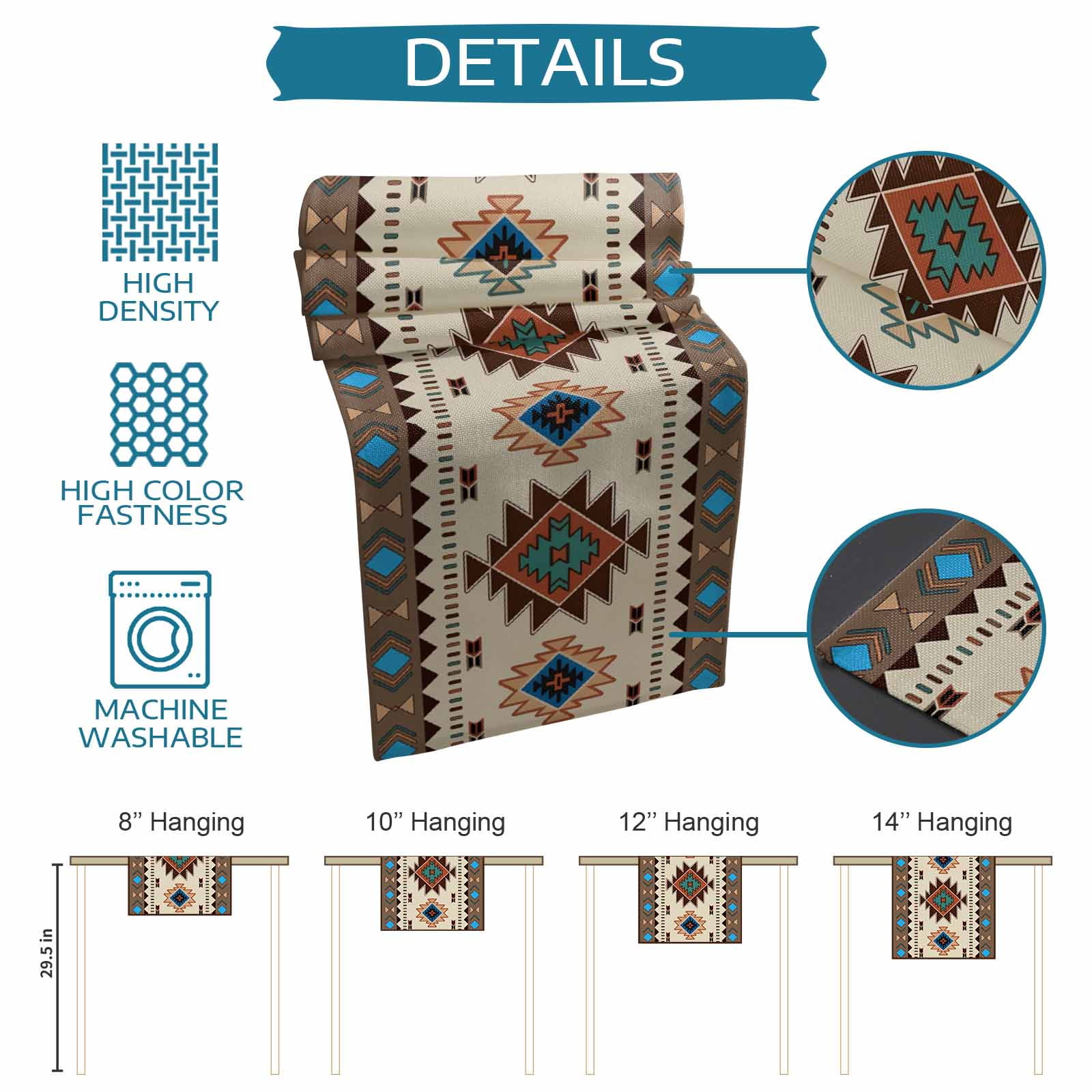 Boho Southwest Table Runner, Farmhouse Aztec Tribe Brown Blue Plaid Washable Cotton Linen Table Runners 90 Inches Long, Dresser Scarf Runner for Dining/Coffee/Kitchen/Hallway Tables 13''x90''