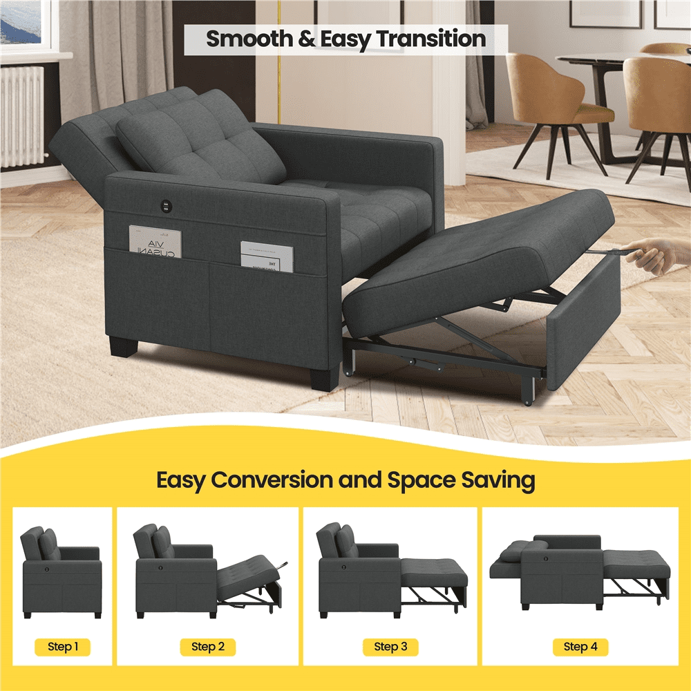 Renwick 3-in-1 Convertible Sleeper Sofa Bed with Adjustable Backrest & USB Ports, Dark Gray