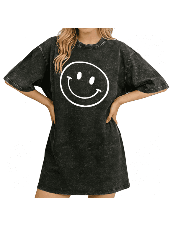 Womens T-Shirt Simple Line Art Smiley Face Graphic Vintage Washed Short Sleeve Loose Fit Black S-5XL Tops