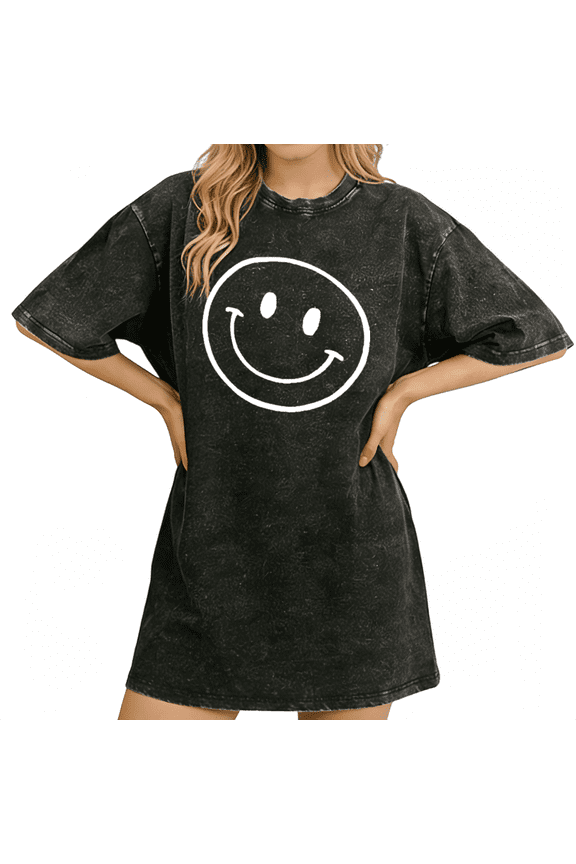 Womens T-Shirt Simple Line Art Smiley Face Graphic Vintage Washed Short Sleeve Loose Fit Black S-5XL Tops
