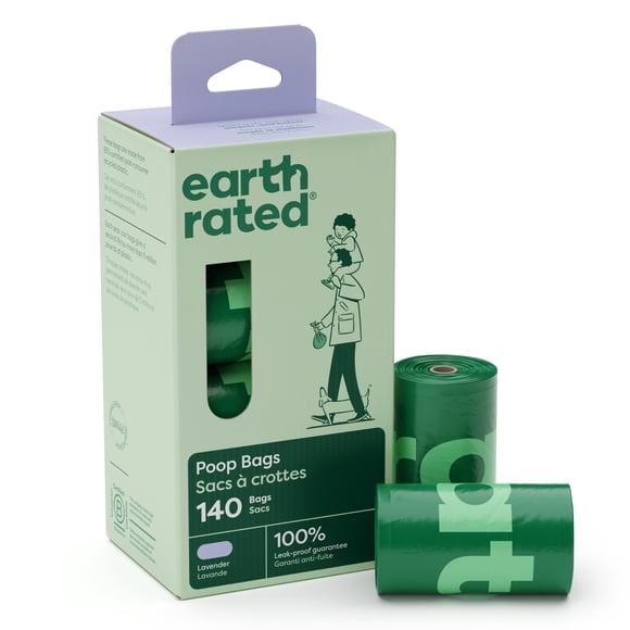 Sacs à crottes de chien antifuite Earth Rated à la lavande, 140 sacs sur 7 rouleaux de recharge