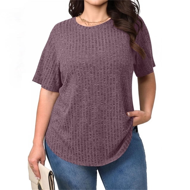 TaTaai Plus Size Everyday Top Women, Striped Short Sleeve Round Neck T-Shirt, Loose Fit Five Quarter Sleeve Blouse, Lightweight Soft Casual Apparel Gift