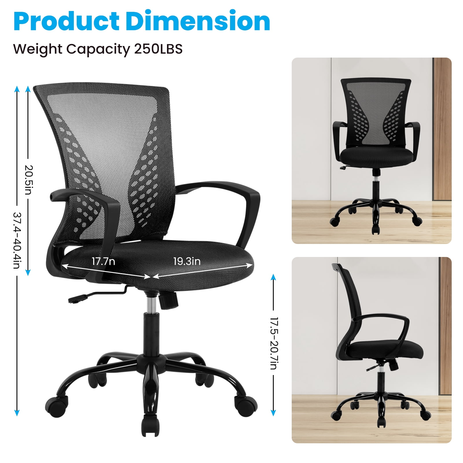 Dkelincs Office Desk Chair Adjustable Mesh Mid Back Office Chair Ergonomic Computer Chair with Lumbar Support & Wheels, Black