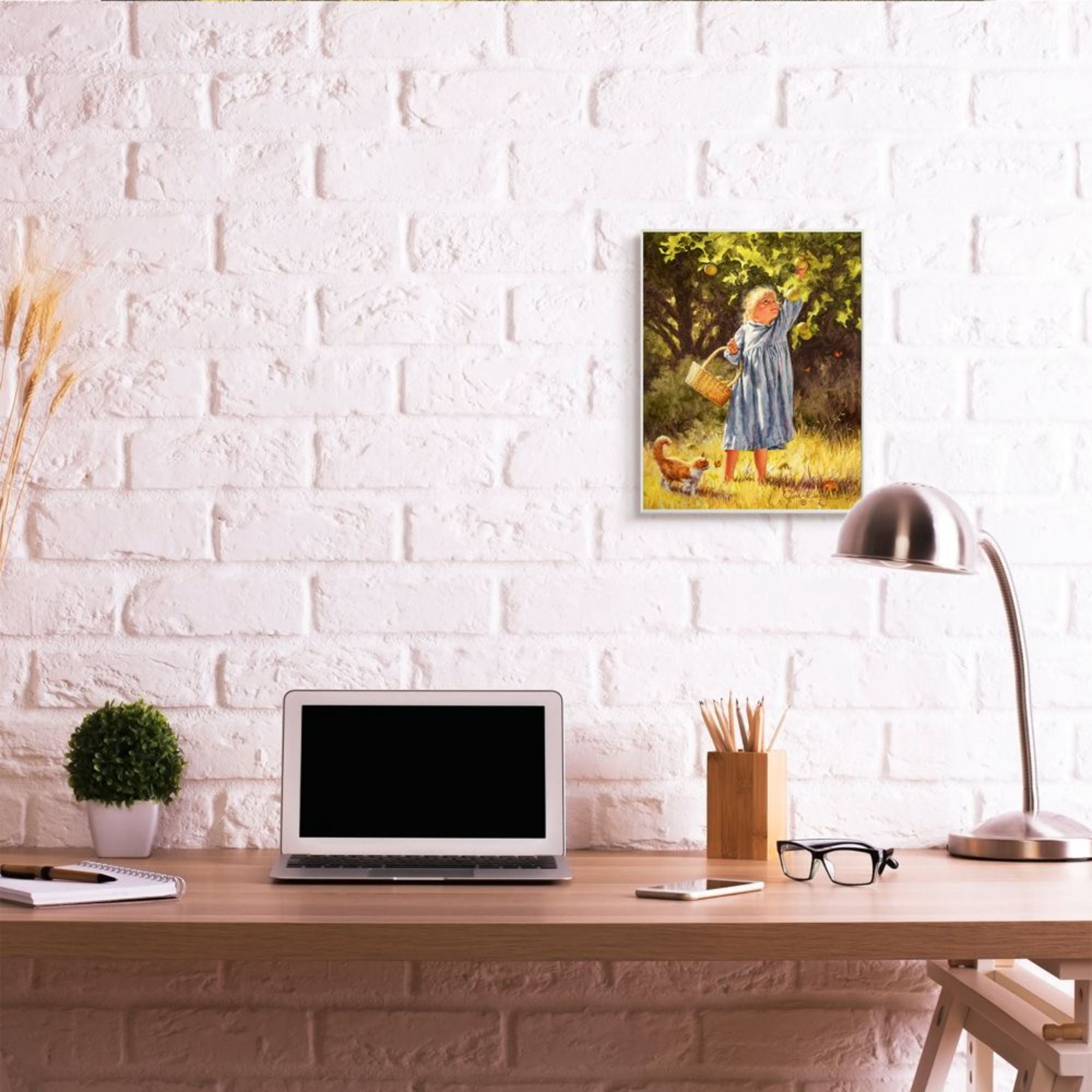 Stupell Industries Country Girl Reaching for Apple with Cat Design by Jim Daly