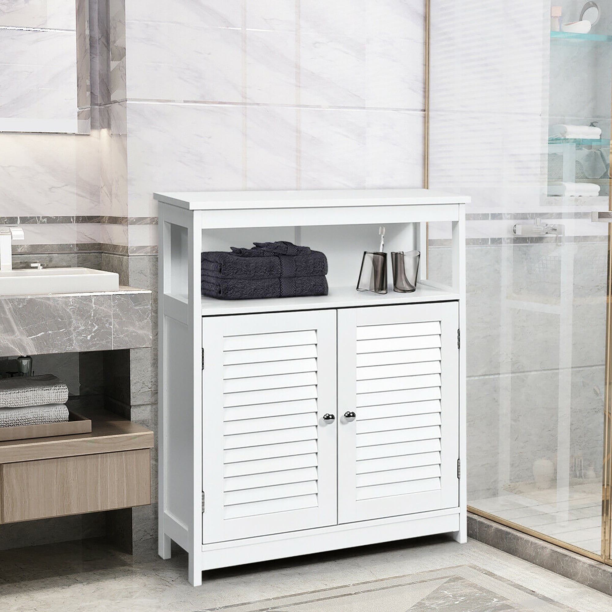 Costway Bathroom Storage Wood Floor Cabinet with Double Shutter Door White