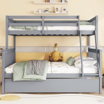 Newest Twin Over Full Rubber Wood Bunk Bed with Trundle, Convertible Ladder and Guardrail, Detachable, Convertible Bed, with Twin Size Trundle ,Grey