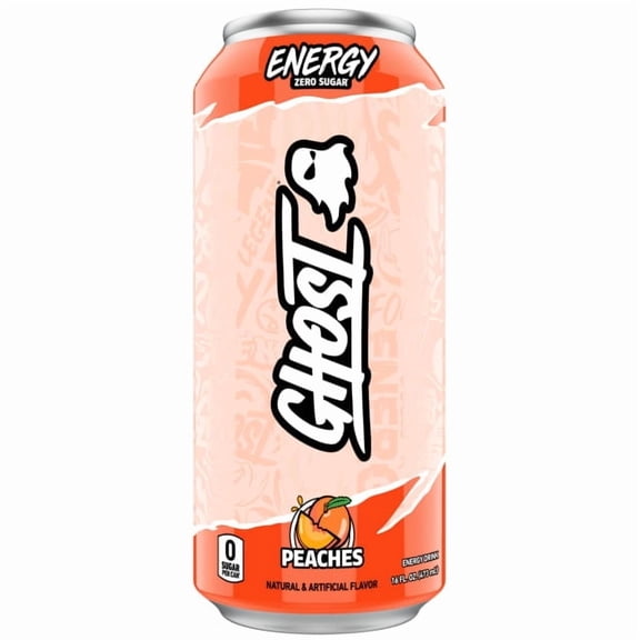 GHOST® ENERGY Zero Sugars Energy Drink, Peaches, 200mg Natural Caffeine, 16 fl oz Can