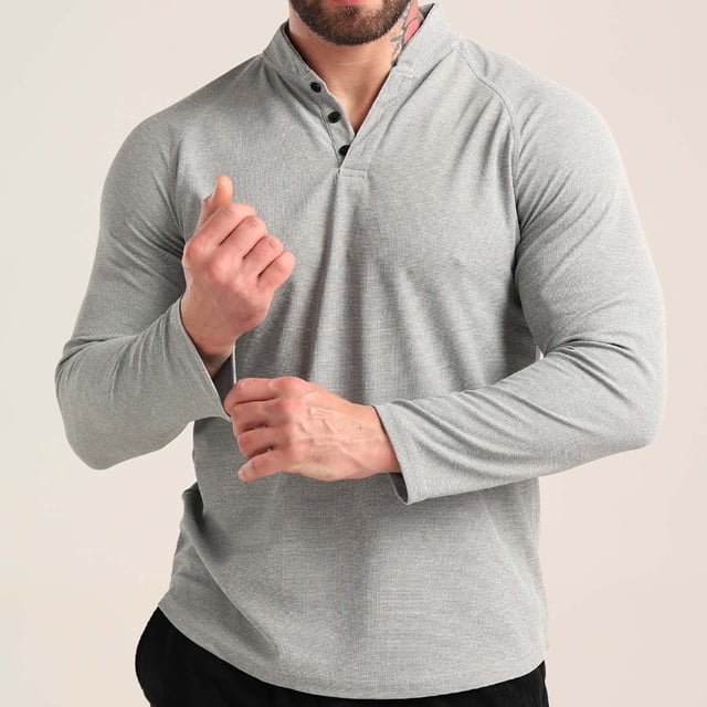 pstuiky camisas de manga larga para hombre, Camisa deportiva de entrenamiento fácil para hombre, elástica, de color liso, con cuello en V y manga larga top de hombre xl