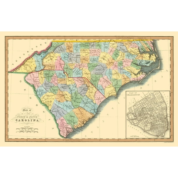 Nc Sc Border Map North Carolina South Carolina - Hinton 1832 - 23.00 X 35.53 - Matte Canvas  - Walmart.com