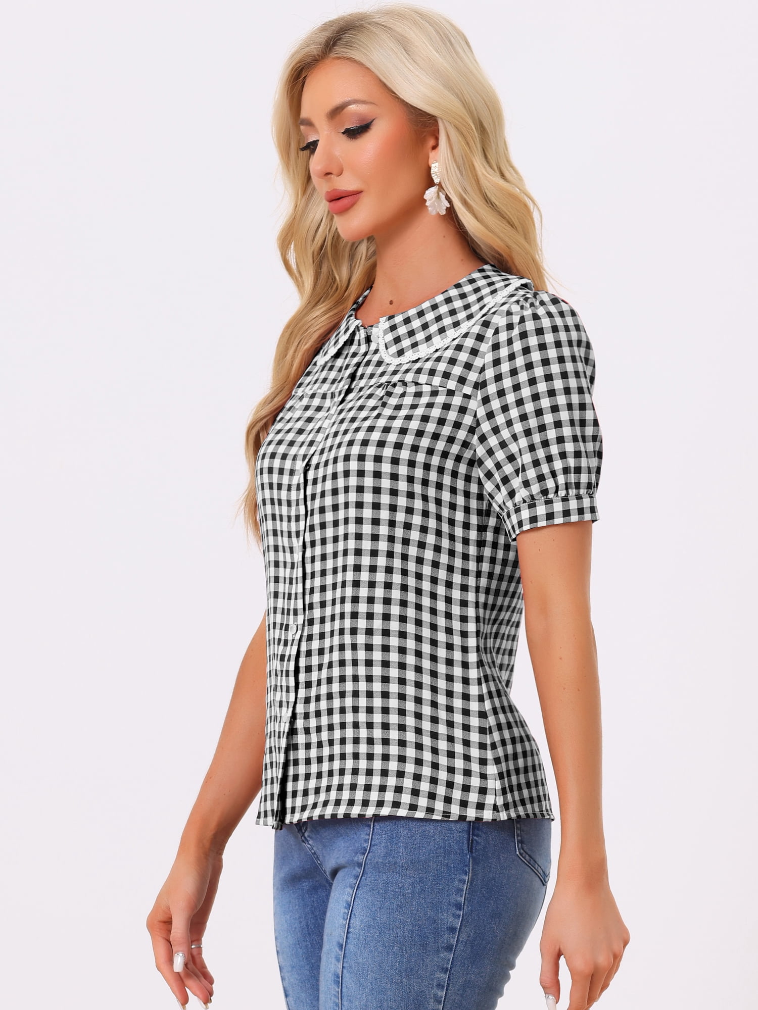 DARING DIVA Women's Short Sleeve Button Down Peter Pan Collar Plaid Shirt L Black