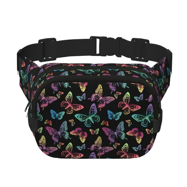 Fotbe Rainbow Butterflies Cangurera Cuadrada con Estampado de Doble Capa, Bolsa de Cintura Ajustable Mini para Hombres y Mujeres
