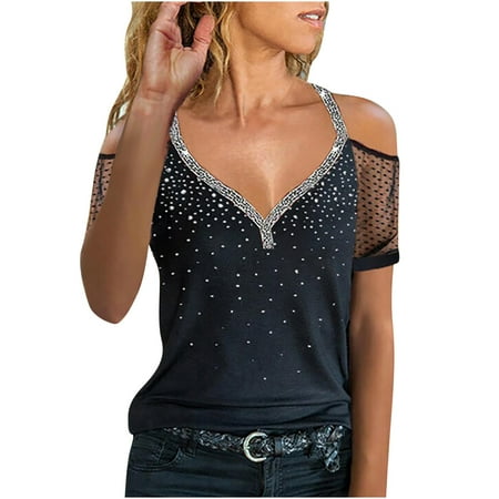 Women Sequin Print Mesh Short Sleeve Cold Shoulder Loose Splice Blouse Tops Corset Tops Women Sexy Shirt Tees