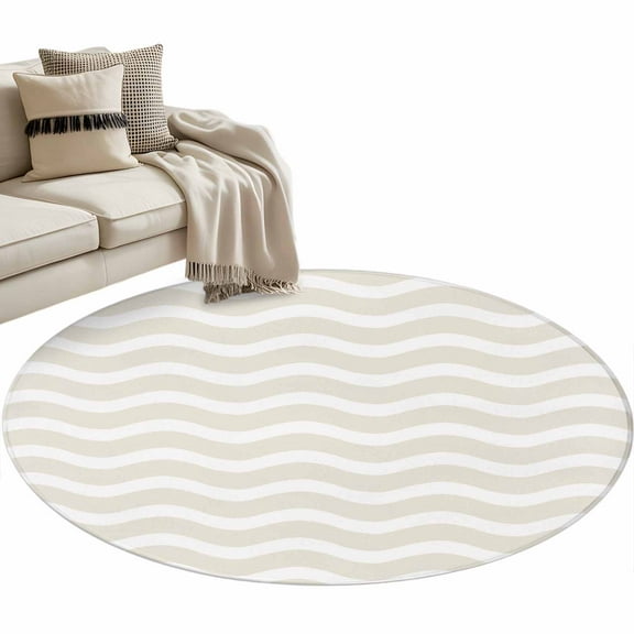 Cream Moire Round Area Rug 4 FT, Non Slip Indoor Outdoor Rug, Water Ripple Stripe Farmhouse Washable Soft Circular Carpet Non-Shedding Floor Mat for Coffee Table Nursery Foyer Balcony