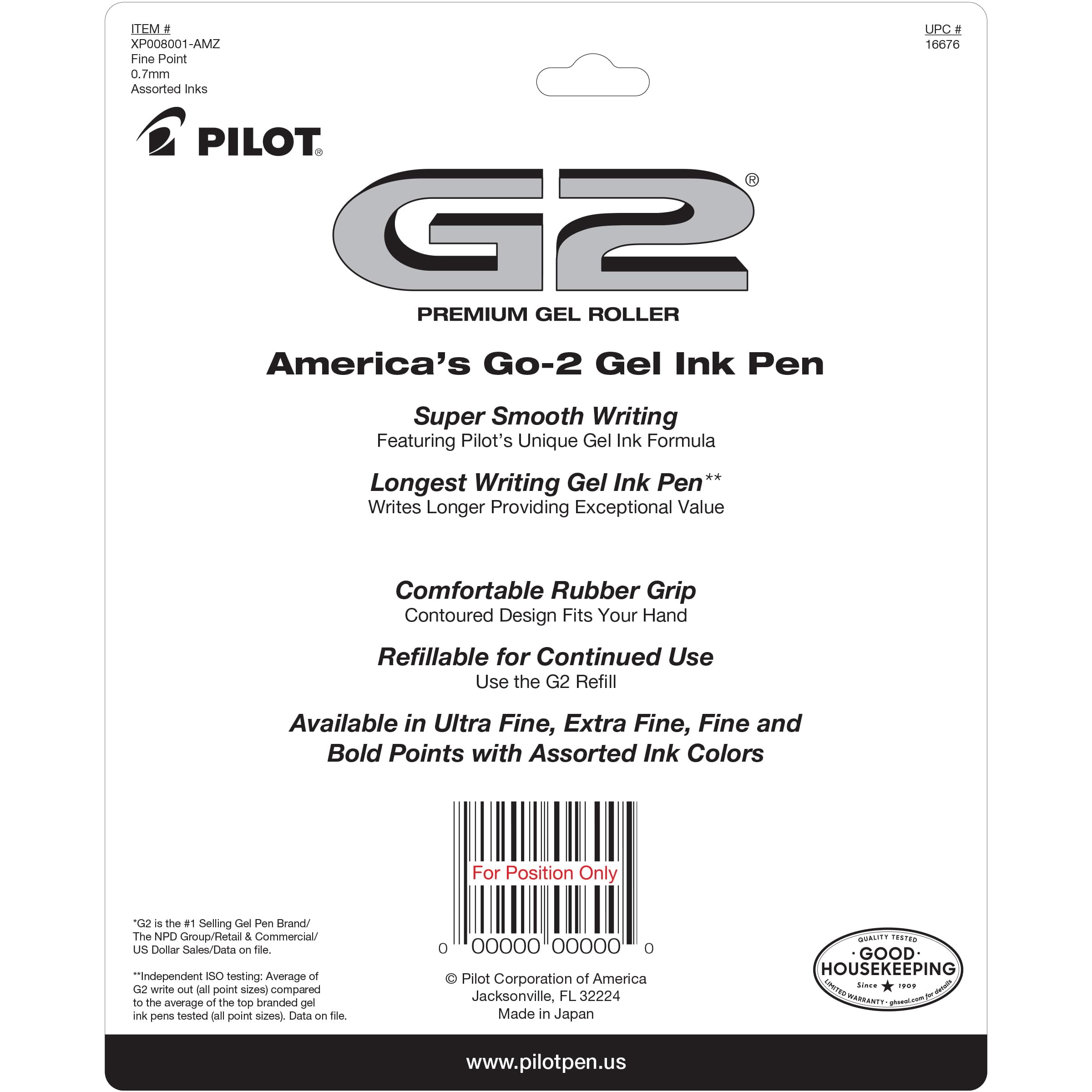 Pilot, G2 Premium Gel Roller Pens, Fine Point 0.7 mm, Assorted Colors, Pack of 8