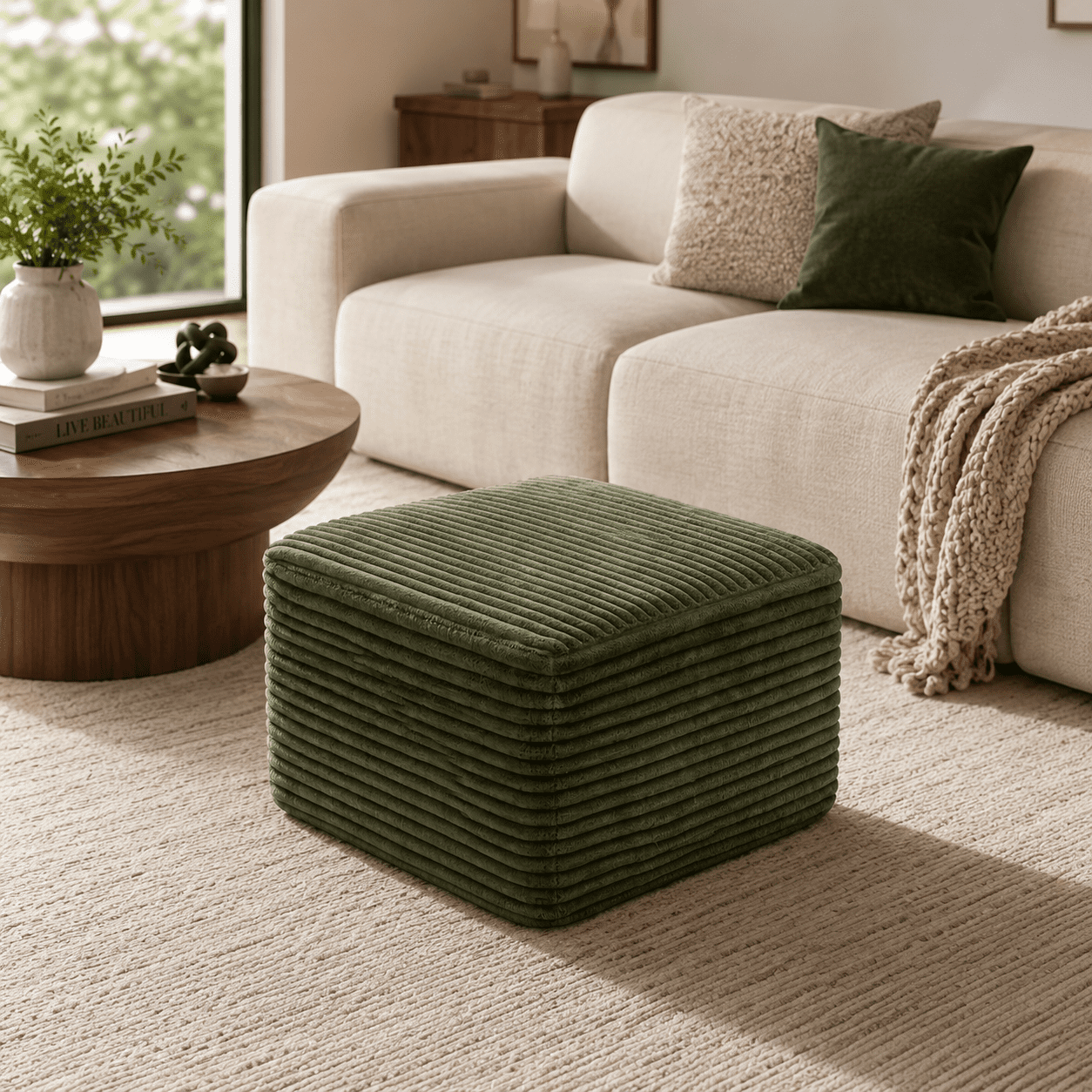 Plush Boneless Ottoman,Upholstered Cloud Couches Footrest Ottoman for Boneless Couch for Living Room, Green