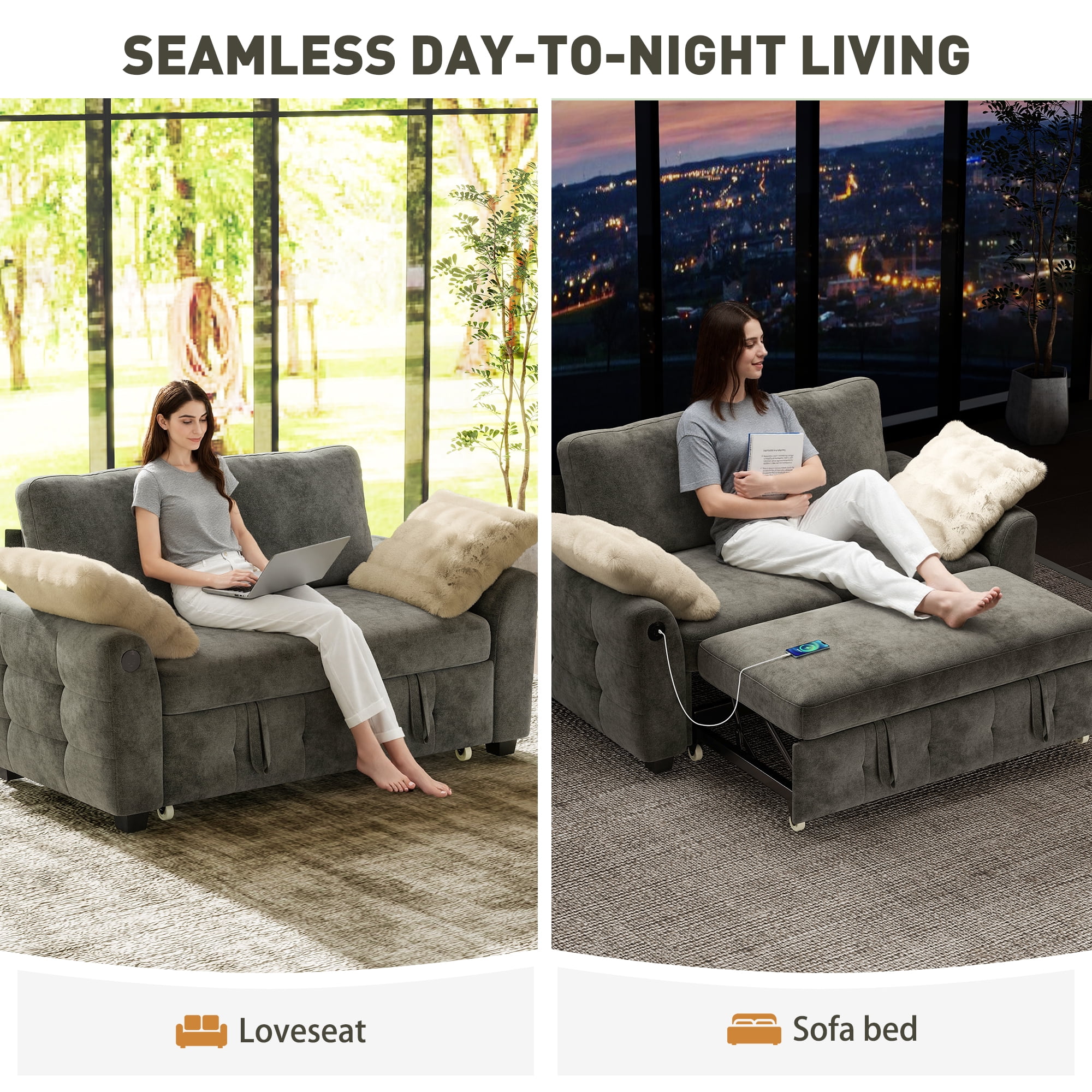 BedLuxury 59" Sleeper Loveseat With Pull Out Bed, Corduroy Sofa Bed With USB Charging for Small Spaces, Chenille Gray