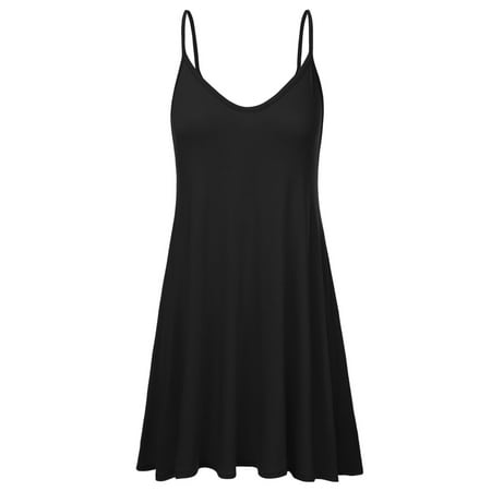 Doublju Women's Casual Spaghetti Loose Swing Slip Dress BLACK (Best Slips For Under Dresses)