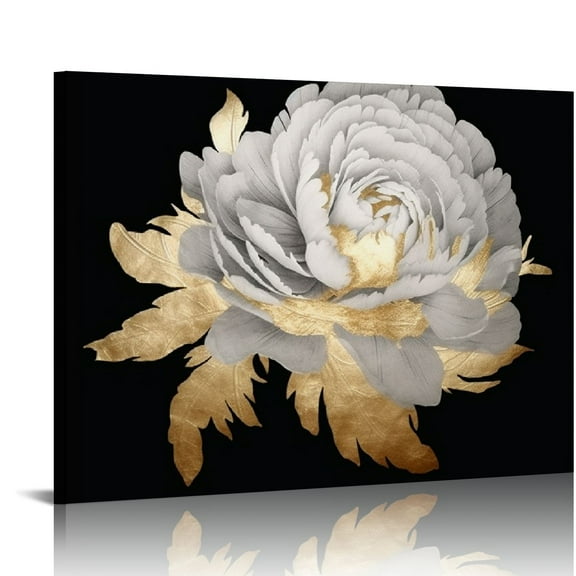 JEUXUS Canvas Prints Wall Art For Home and Office Wall Decoration Abstract Gold And White Flower On Black Canvas Artwork Print Painting Picture Floral Modern Abstract Black Aluminum Frame  20x16in
