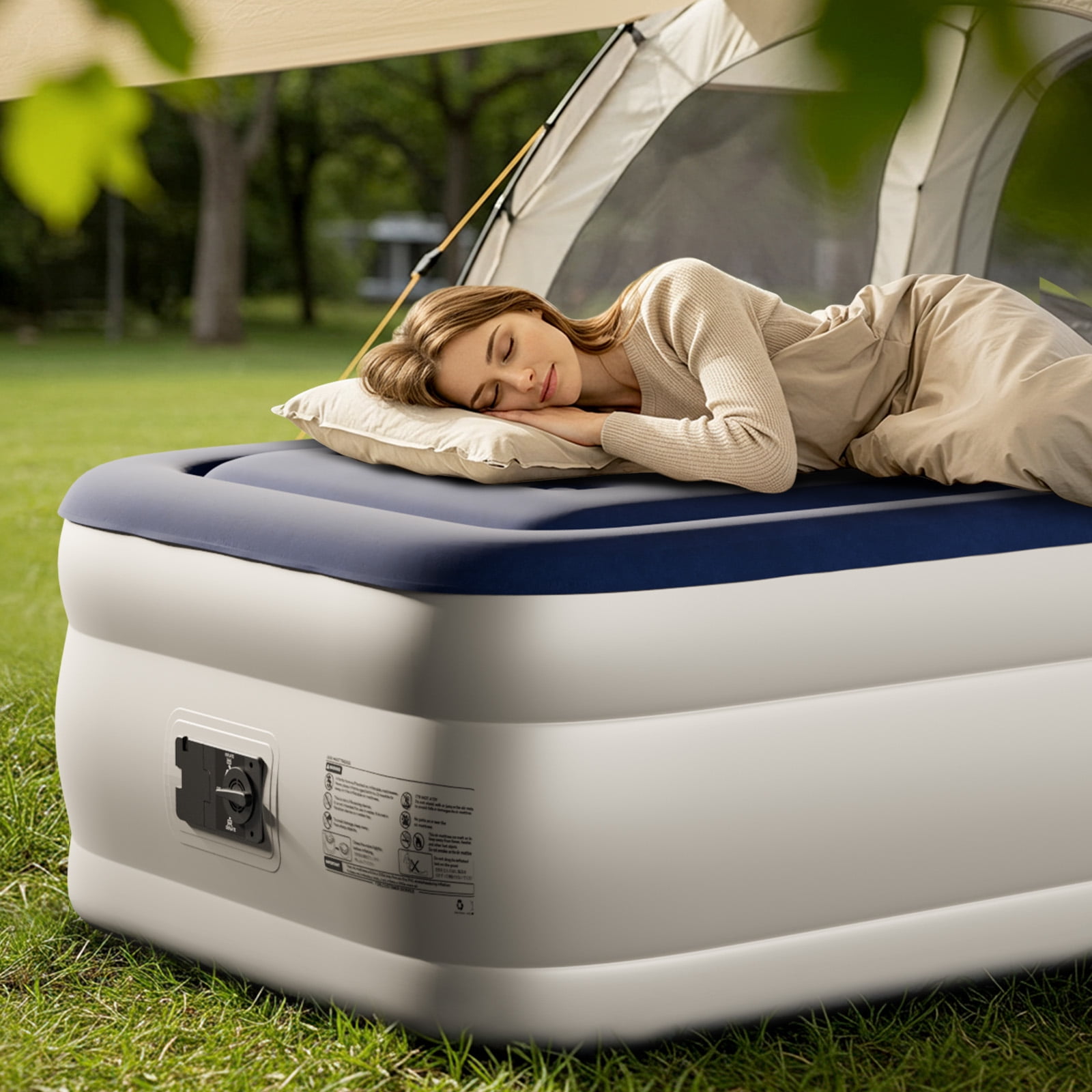 Ktaxon 18in Twin Air Mattress with Built-in Pump, Elevated Inflatable Airbed, Blow up Mattress for Camping Home Guests, Blue & White