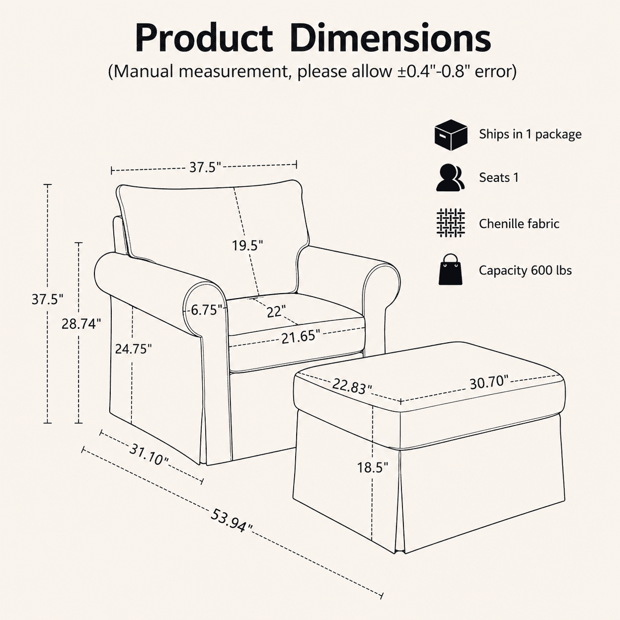 Aukfa 37.5" Oversized Chenille Accent Chair with Ottoman, Upholstered Armchair with Footrest for Living Room,Brown