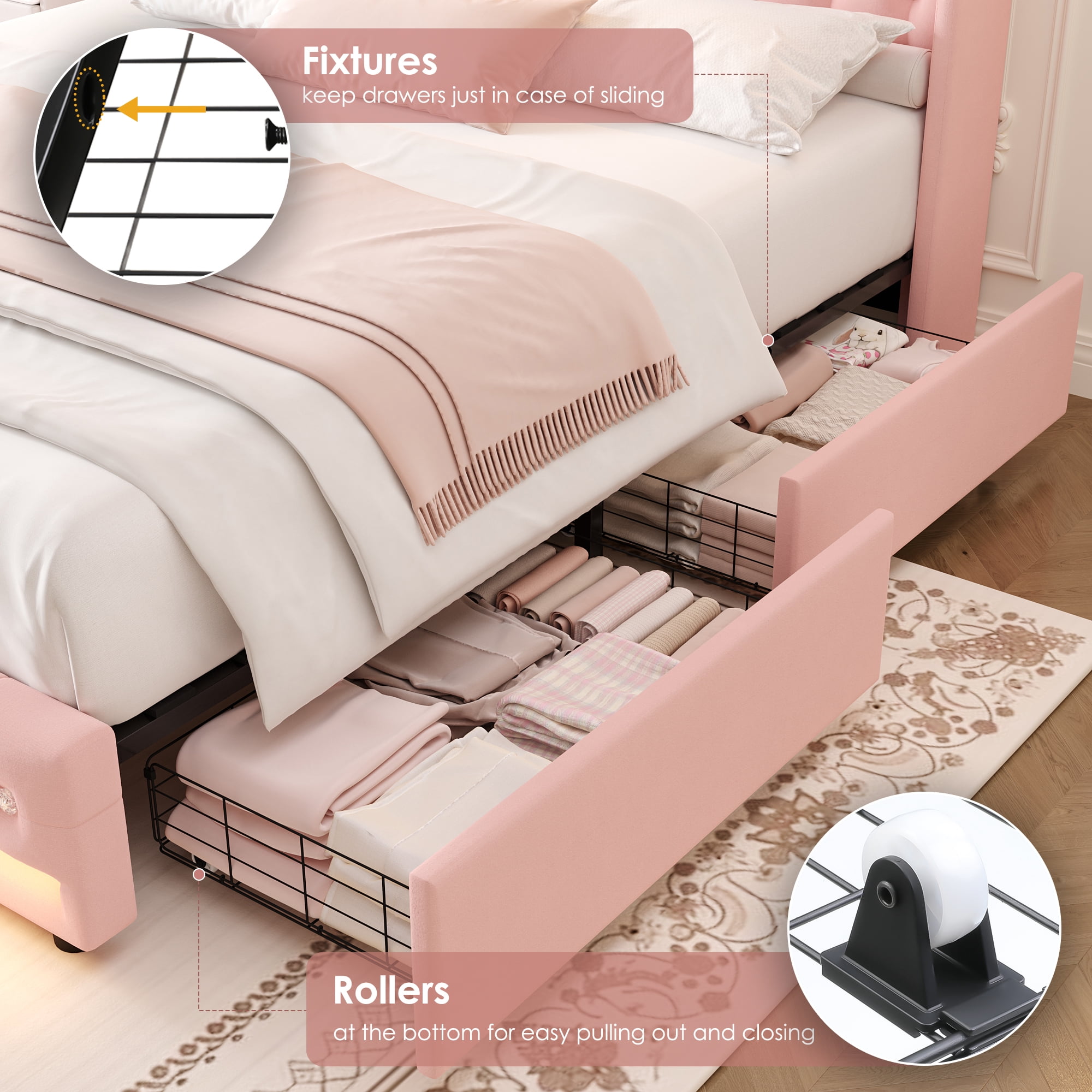 Homfa King Size LED Bed Frame with 4 Storage Drawers, Modern Wingback Crystal Button Tufted Upholstered Platform Bed Frame with Outlets and USB Ports & Display Platform, Pink