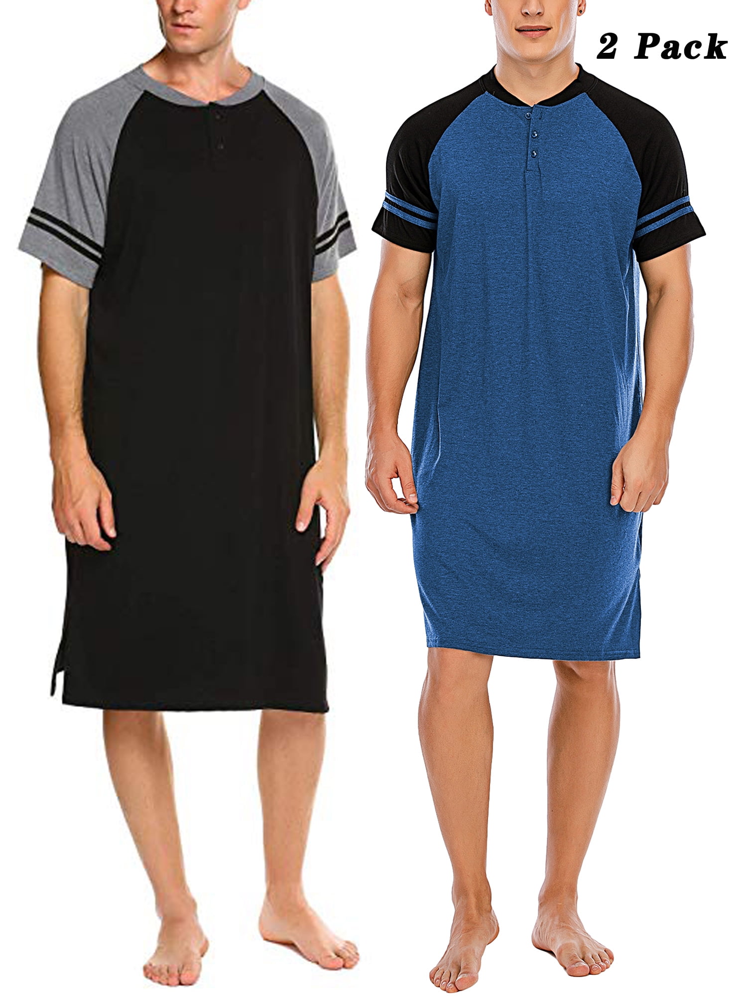 2 Pack Men's Cotton Nightshirts Button V Neck Nightgown Short Sleeve