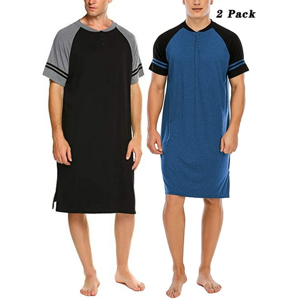 Lelinta 2 Pack Men's Cotton Nightshirts Button V Neck Nightgown Short