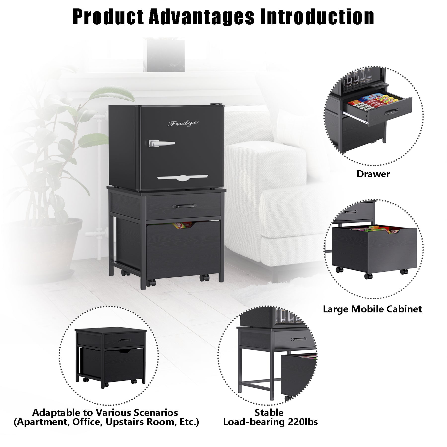 Mini Fridge Stand with Storage,18.1" Mini Refrigerator Cabinet, Black