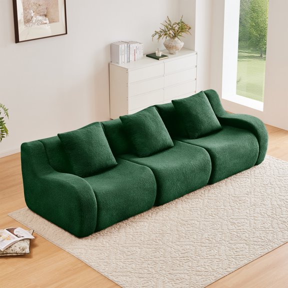 Boneless Modular Sofa for Living Rooms, 3-Seat Green Teddy Fabric Couch, Anti-Slip, No Assembly, Curved Armrests, 32D High-Density Sponge, Comfortable & Durable, Reading Nook Furniture