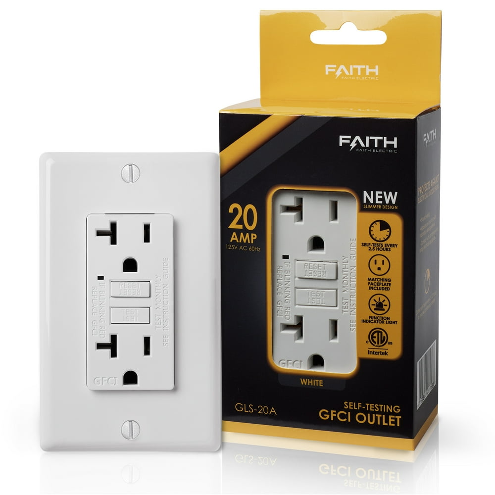 Faith 20A GFCI Outlet, Slim, GFI Receptacle with Wall Plate, White
