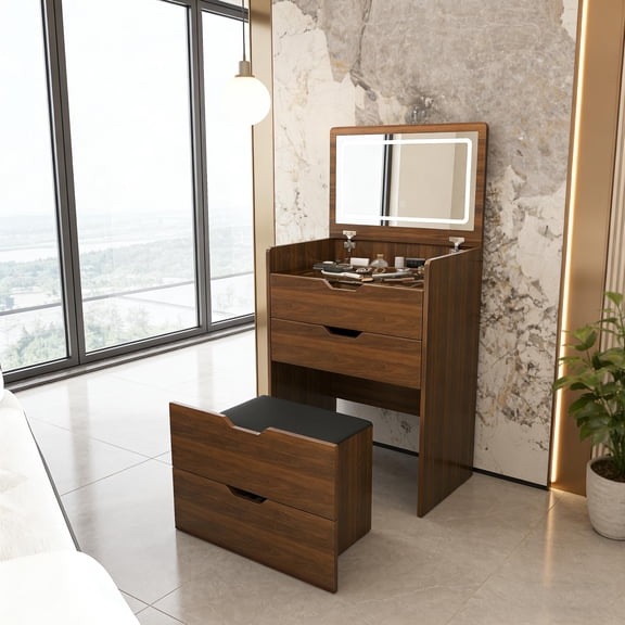 23.62-inch 3-in-1 flip-top vanity table with LED mirror and stool, space-saving makeup table for bedroom, bathroom, or dressing room