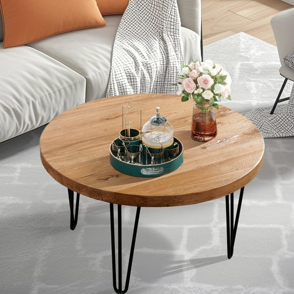 GHooa Reclaimed Elm Wood Coffee Table – Round Farmhouse Rustic Centerpiece Solid Wood