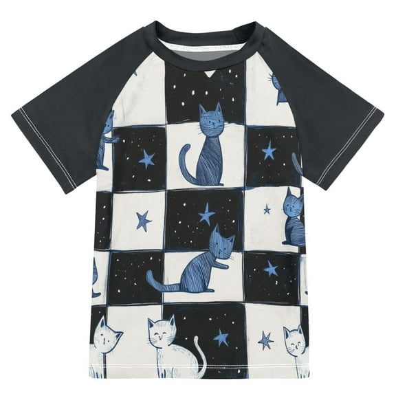 FORMRS Boys Rash Guard with Short Sleeves UPF 50 Swim Shirts Sizes 3-12T, Blue Cat Stars