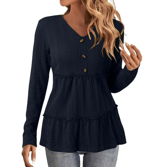 FASHOFT V Neck Long Sleeve Shirts For Women Casual Peplum Knit Ruffle Hem Tunic Fall Winter 2023 Tops Casual Basic Soft Blouses Black L