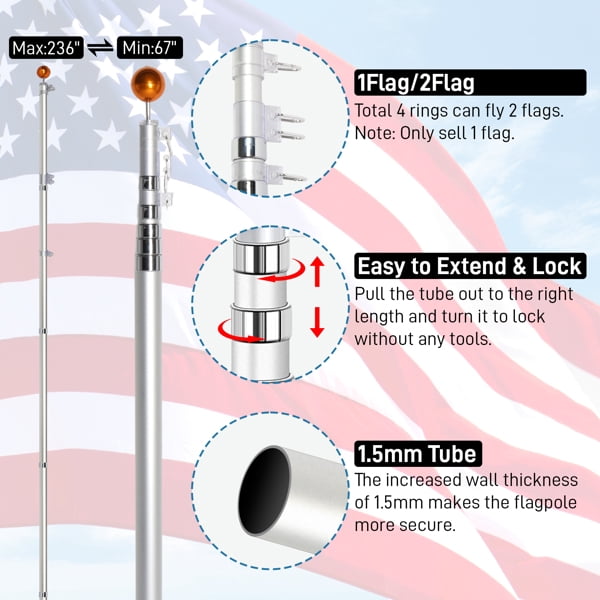 imerelez 20FT Telescoping Flag Pole Kit,In Ground Telescopic Flag Poles with 3x5 American Flag, Outdoor Old Glory Flagpole Kits for Outside, Yard, Residential or Commercial