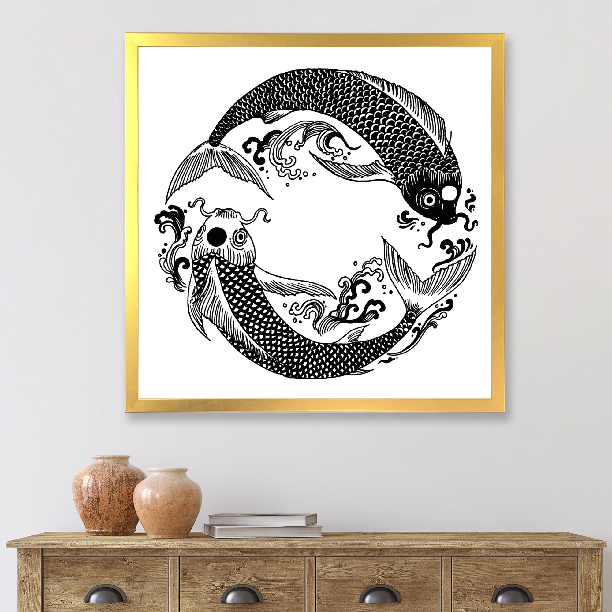 Designart 'China Koi Fish In Chinoiserie Style III' Nautical & Coastal Framed Art Print