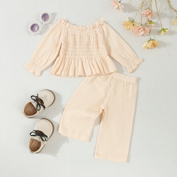 NAISIBABY Girls 2-Piece Set, Long Sleeve Tops Straight Leg Pants Solid Color Causal Outfits Beige 4-5T