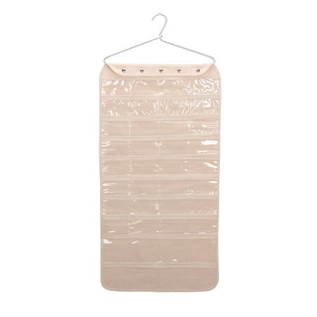 Household Essentials Premium Hanging Jewelry Organizer, Durable Canvas with PEVA Pockets, Built-in Aluminum Hanger, Double-Sided with 80 Pockets, Lightweight, Natural